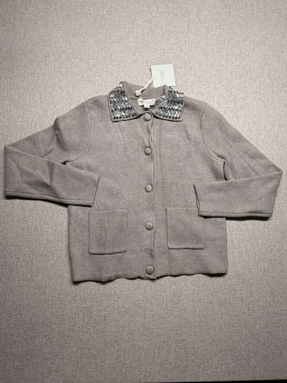 NWT Marled Rhinestone Embellished Collar Cardigan Taupe Heather Extra Small